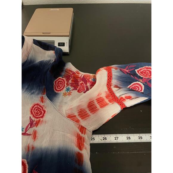 Calessa Blouse Womens 1X Blue Red Tie Dye Embroidered Boho Tunic Button Front - Picture 5 of 7